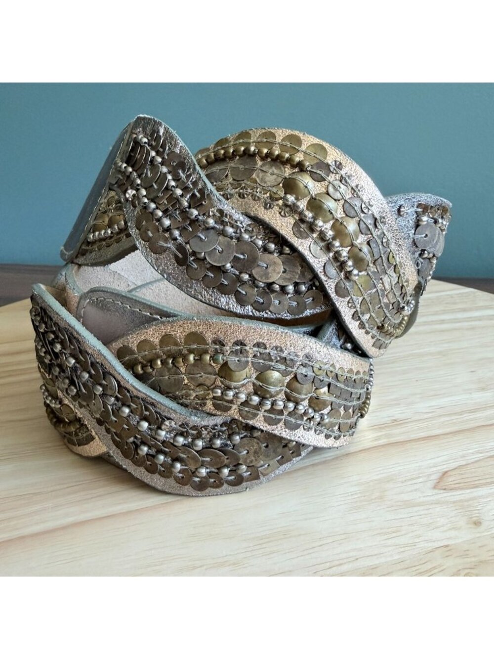 Vintage Womens Leather Belt L Fashion Braided Metallic Gold & Silver Sequins 45